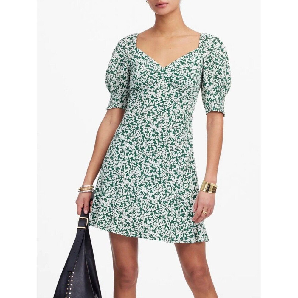 Madewell Green Floral Seamed V-Neck Mini Dress 2 NWT